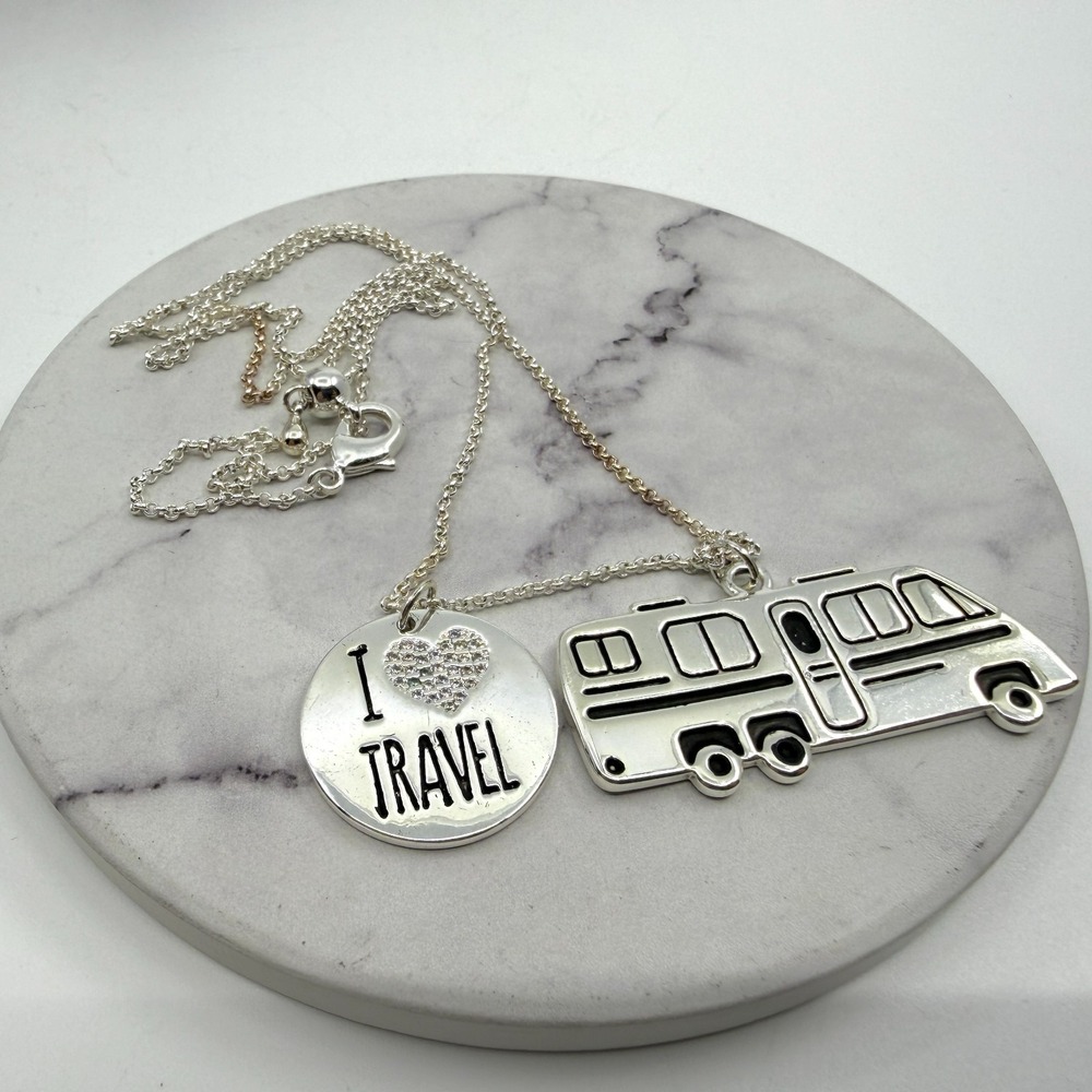 I Love Travel Necklace Charm Pendant Silver Tone Camper Trailer Vacation Gift
